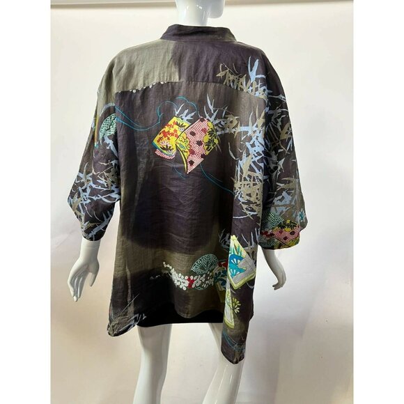 Citron Bohemian Kimono Shirt With Artistic Floral Print & Button Closure Sz 1X - Picture 6 of 12